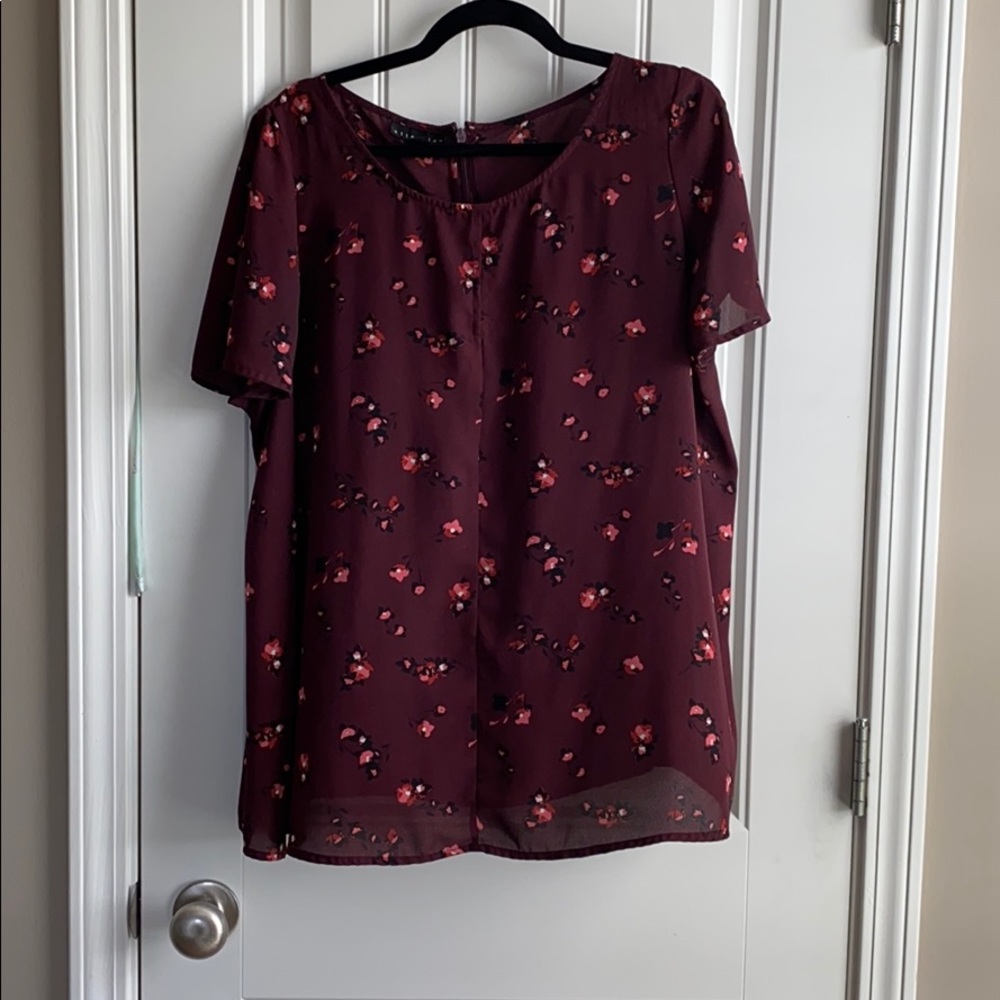 Burgundy, floral blouse with sliced sleeves